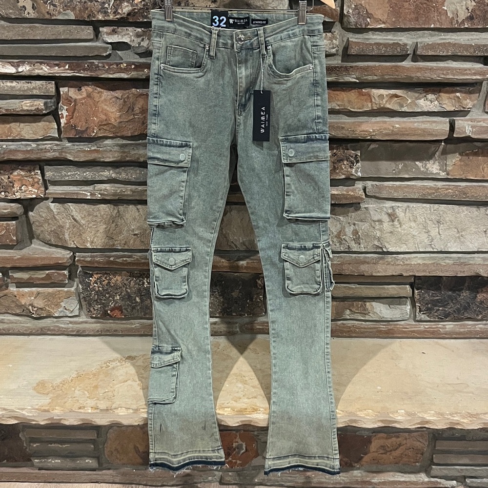 Waimea Stacked Fit Cargo Jeans in Vintage Blue Wash